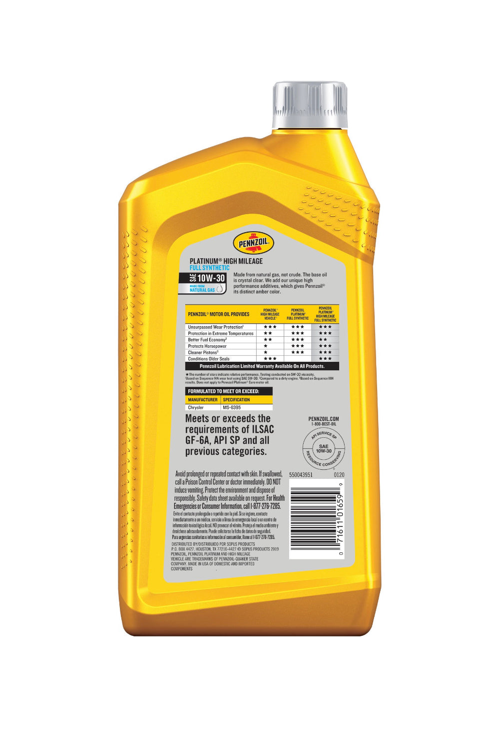 PENNZOIL PLATINUM HIGH MILEAGE FULL SYNTHETIC SAE 10W-30 1QT (6 pack)