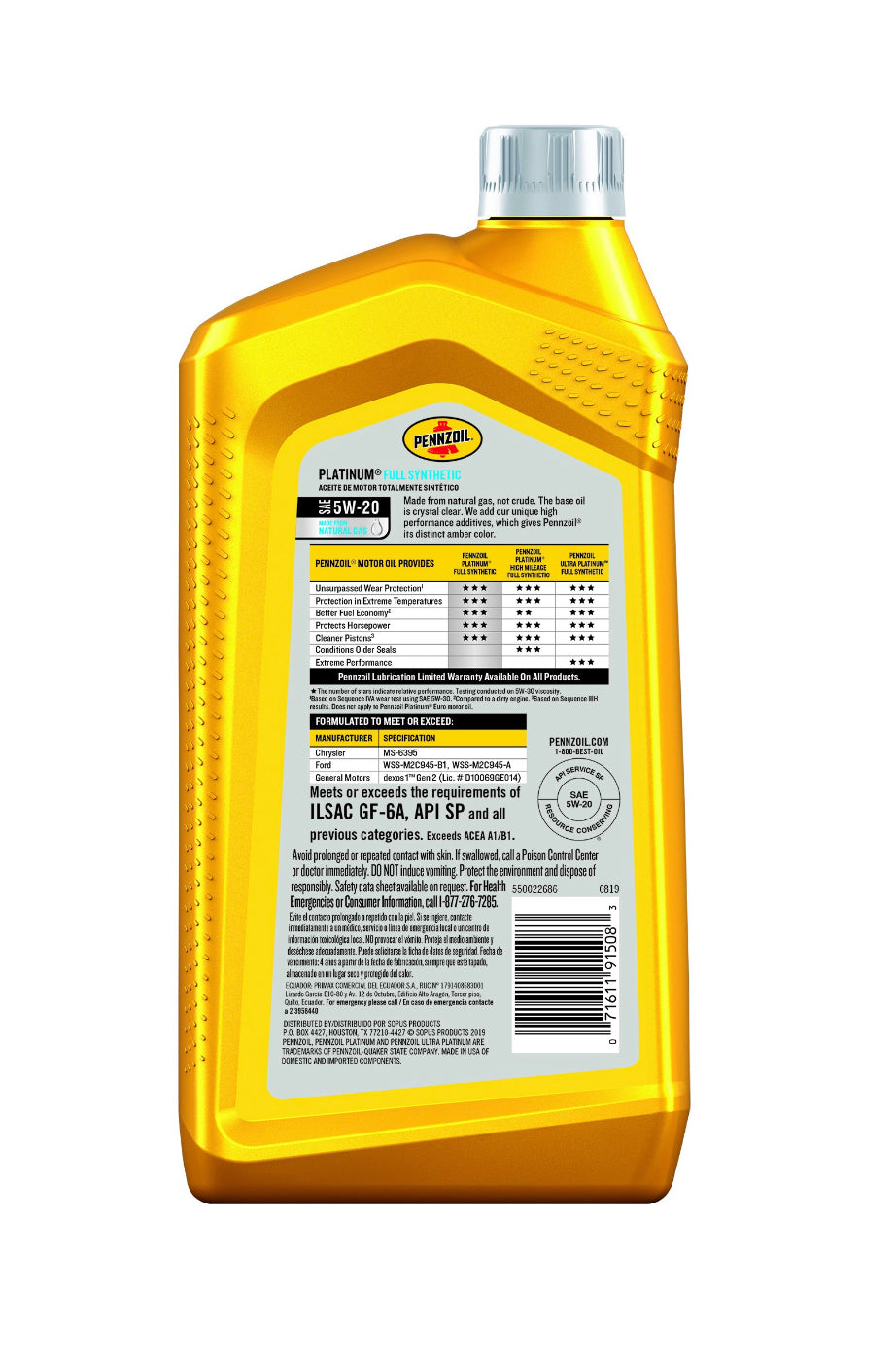PENNZOIL PLATINUM FULL SYNTHETIC SAE 5W-20 1QT (6 pack)