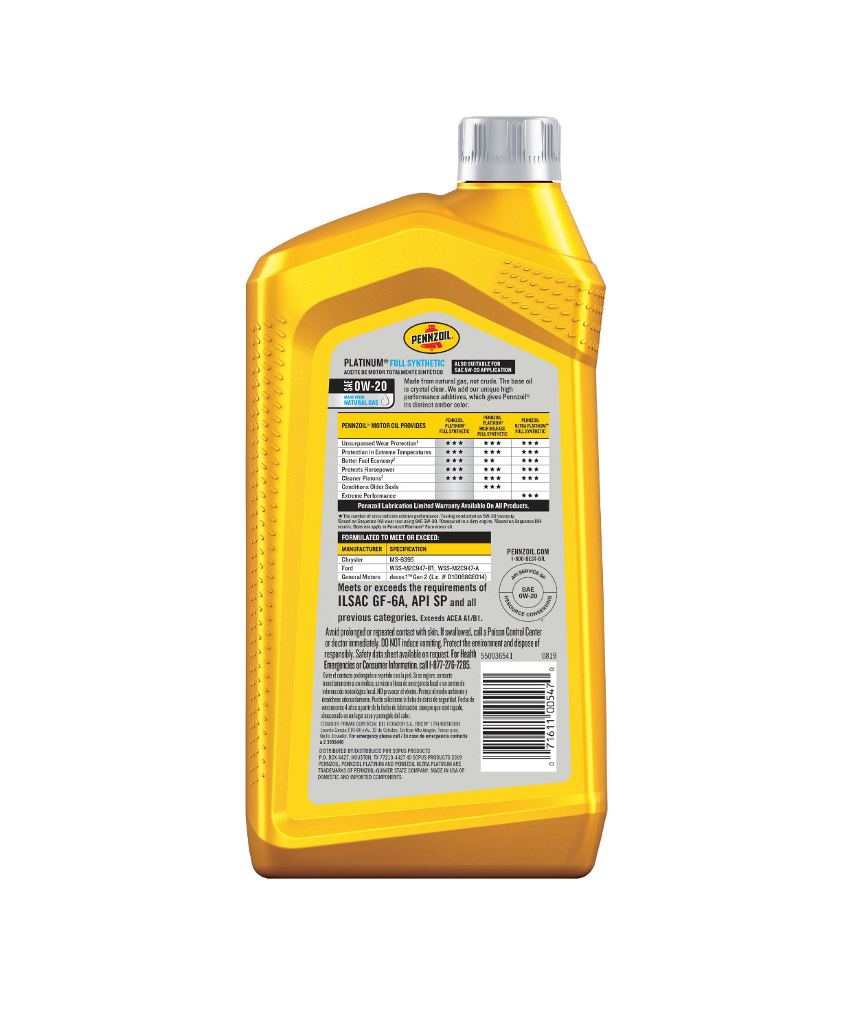 PENNZOIL PLATINUM FULL SYNTHETIC SAE 0W-20 1QT (6 pack)