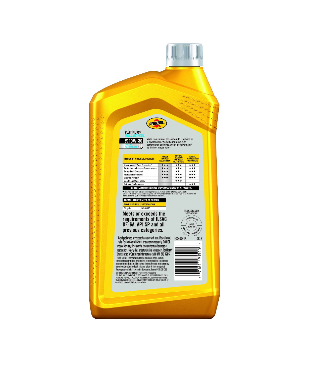 PENNZOIL PLATINUN FULL SYNTHETIC SAE 10W-30 1QT (6 pack)